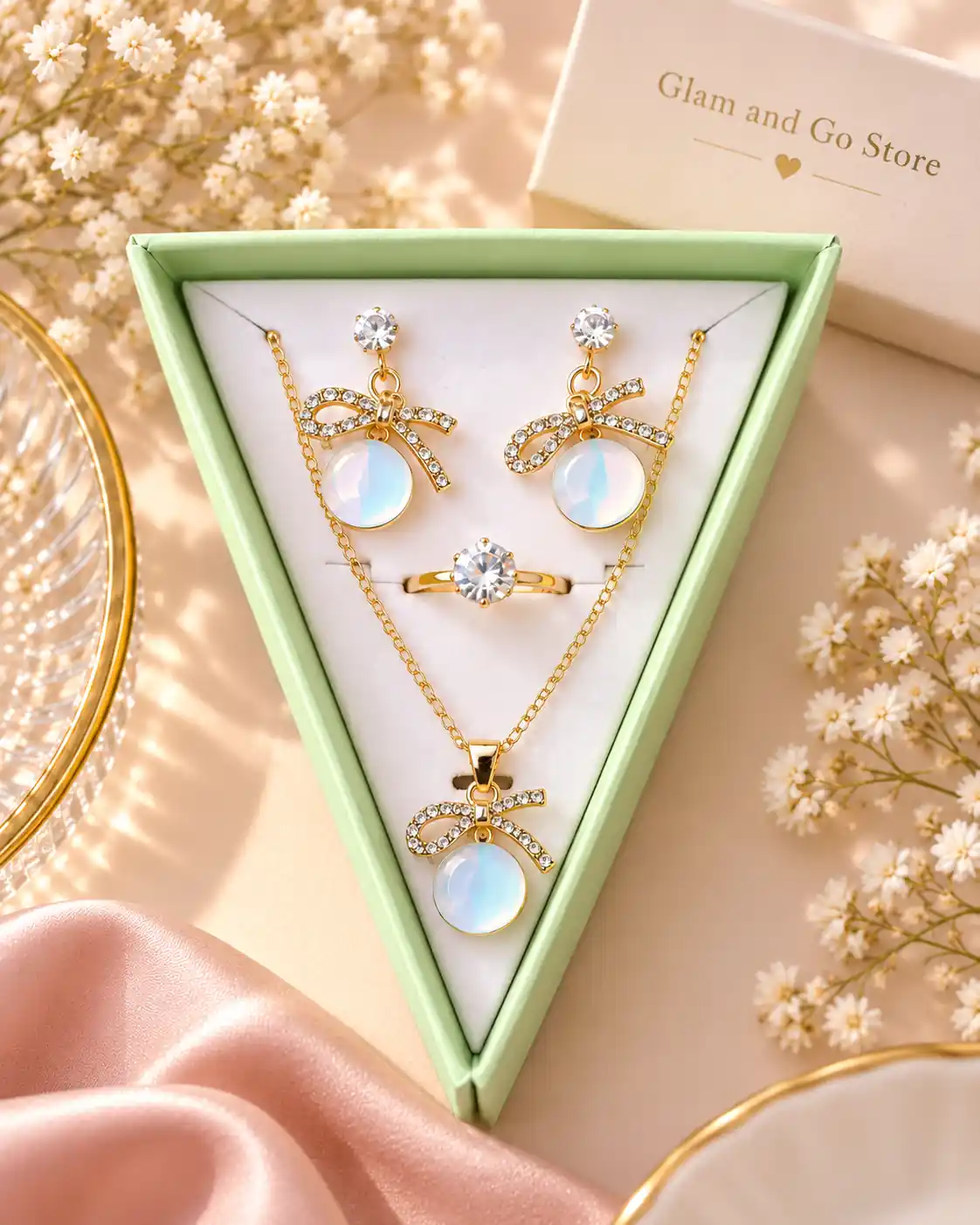 Iridescent Bow Charm Jewellery Set – Necklace, Earrings & Ring — image 3