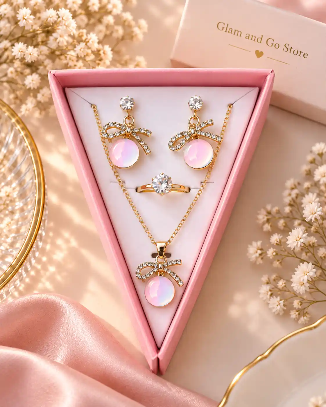Iridescent Bow Charm Jewellery Set – Necklace, Earrings & Ring — image 4