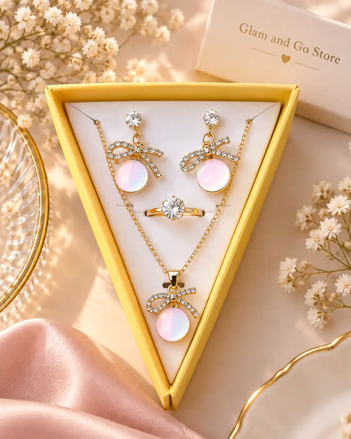Iridescent Bow Charm Jewellery Set – Necklace, Earrings & Ring — image 5