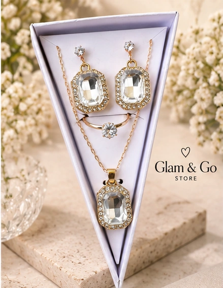 Luxury Rectangular Crystal Jewellery Set – Necklace, Earrings & Ring