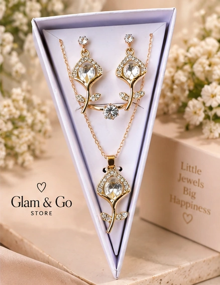 Elegant Floral Crystal Jewellery Set – Necklace, Earrings & Ring