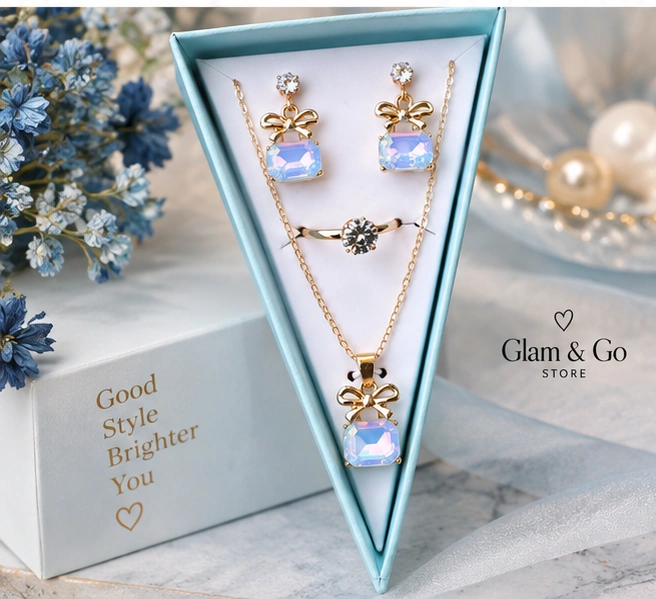 Iridescent Blue Bow Crystal Jewellery Set – Necklace, Earrings & Ring
