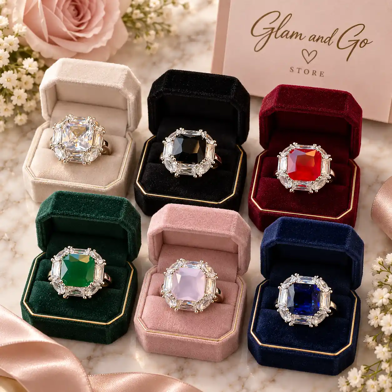 Luxury Square Gemstone Halo Statement Ring – Multi Colours