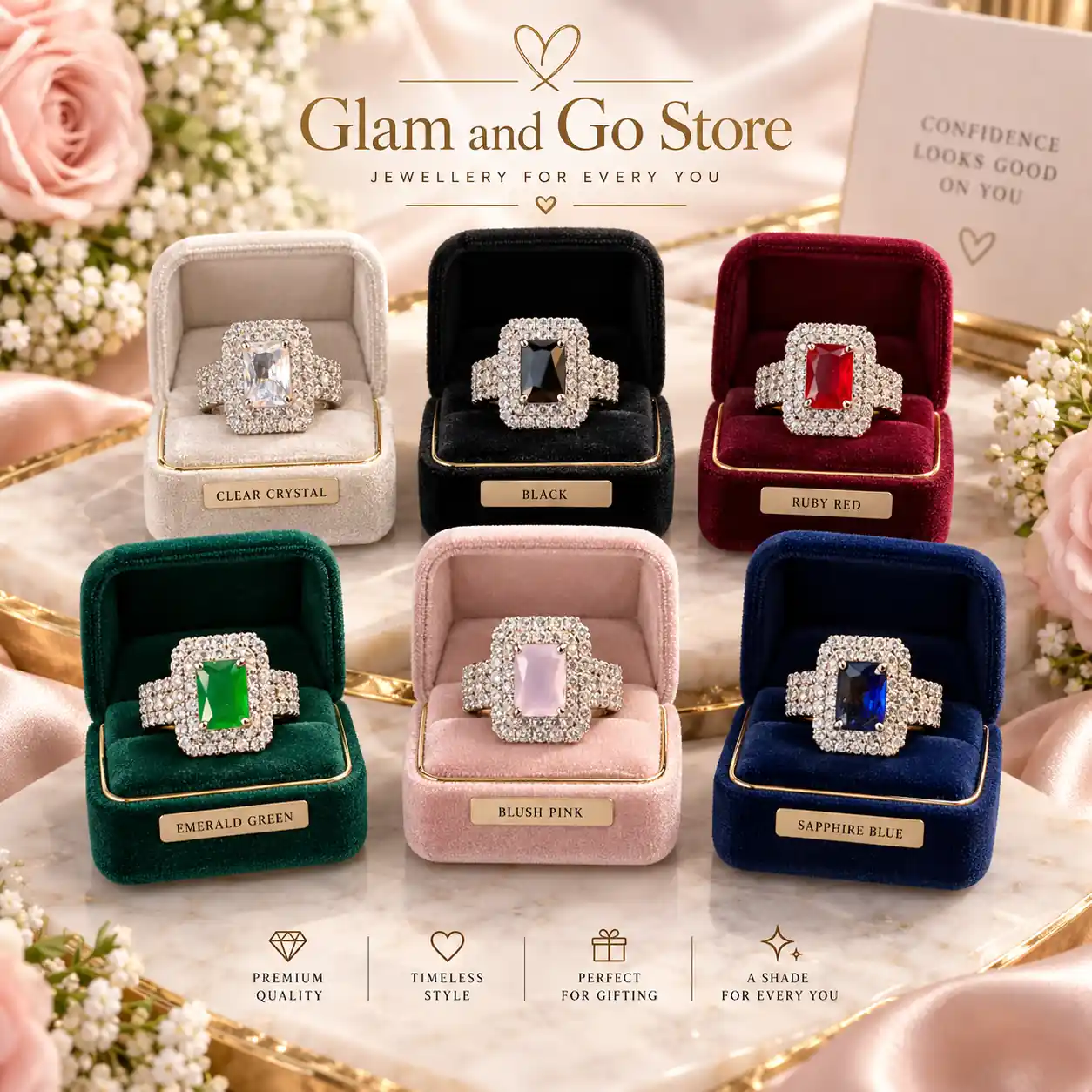 Luxury Rectangular Double Halo Crystal Statement Ring – Multi Colours