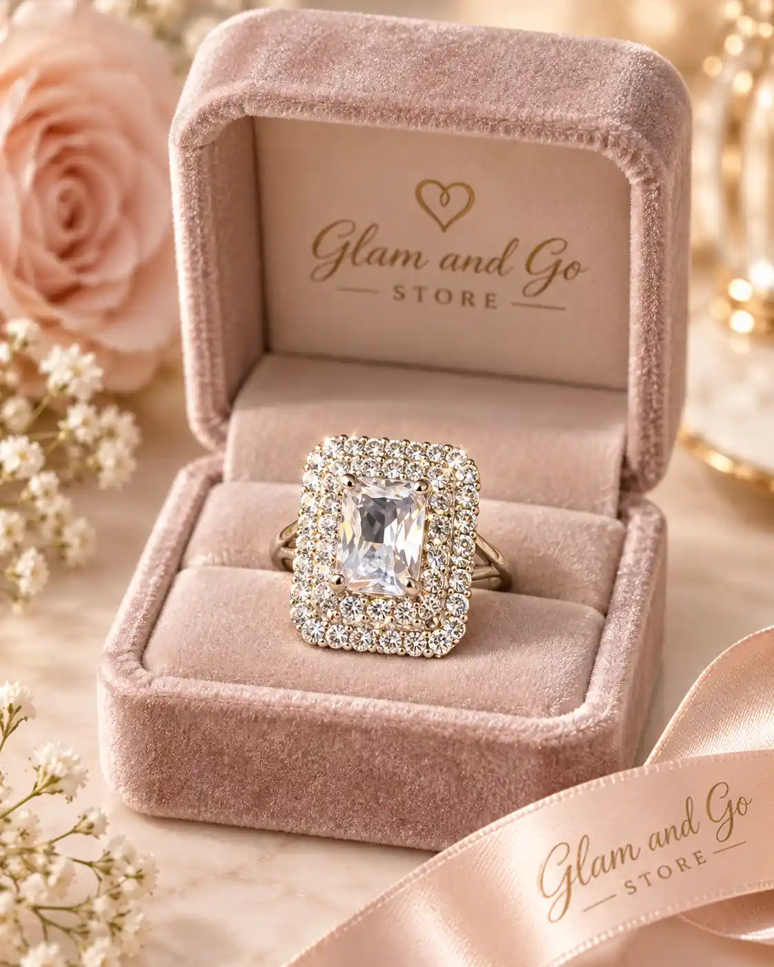 Luxury Rectangular Double Halo Crystal Statement Ring – Multi Colours — image 5