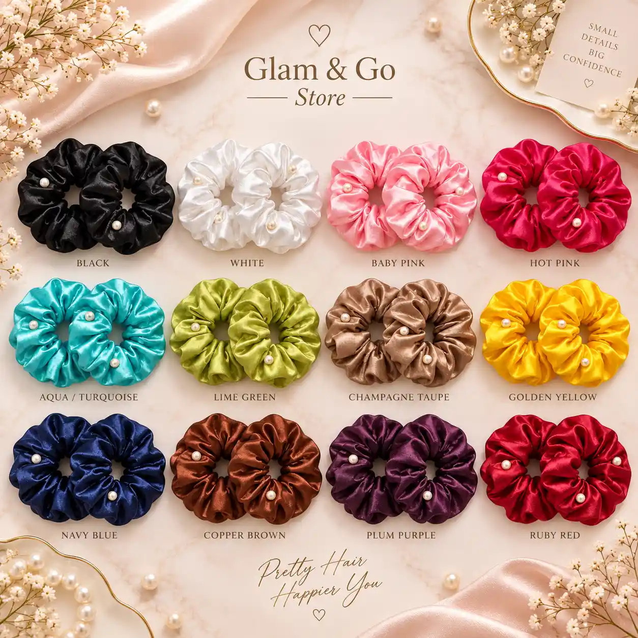 Pearl Embellished Satin Scrunchies – 2 Piece Set, Multi Colours