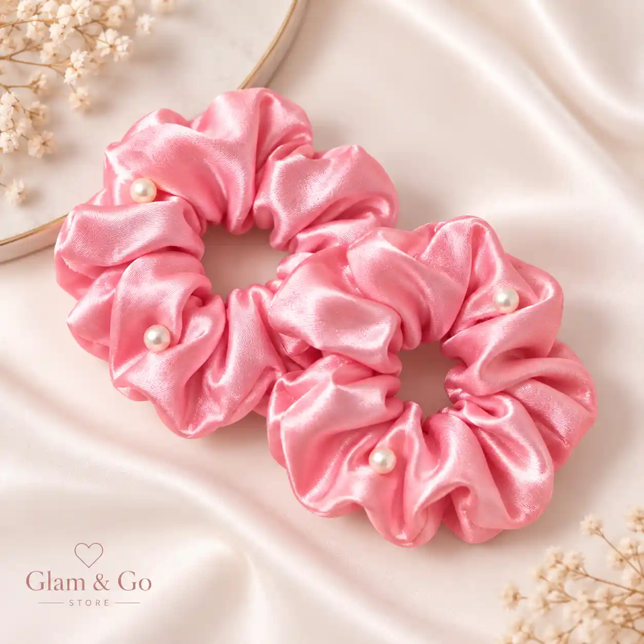 Pearl Embellished Satin Scrunchies – 2 Piece Set, Multi Colours — image 3