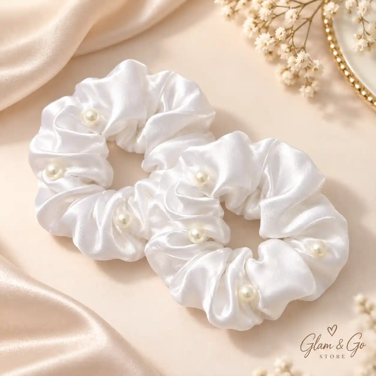 Pearl Embellished Satin Scrunchies – 2 Piece Set, Multi Colours — image 2
