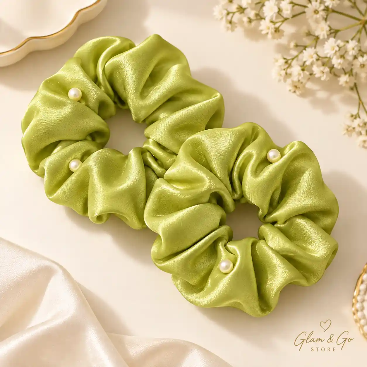 Pearl Embellished Satin Scrunchies – 2 Piece Set, Multi Colours — image 4