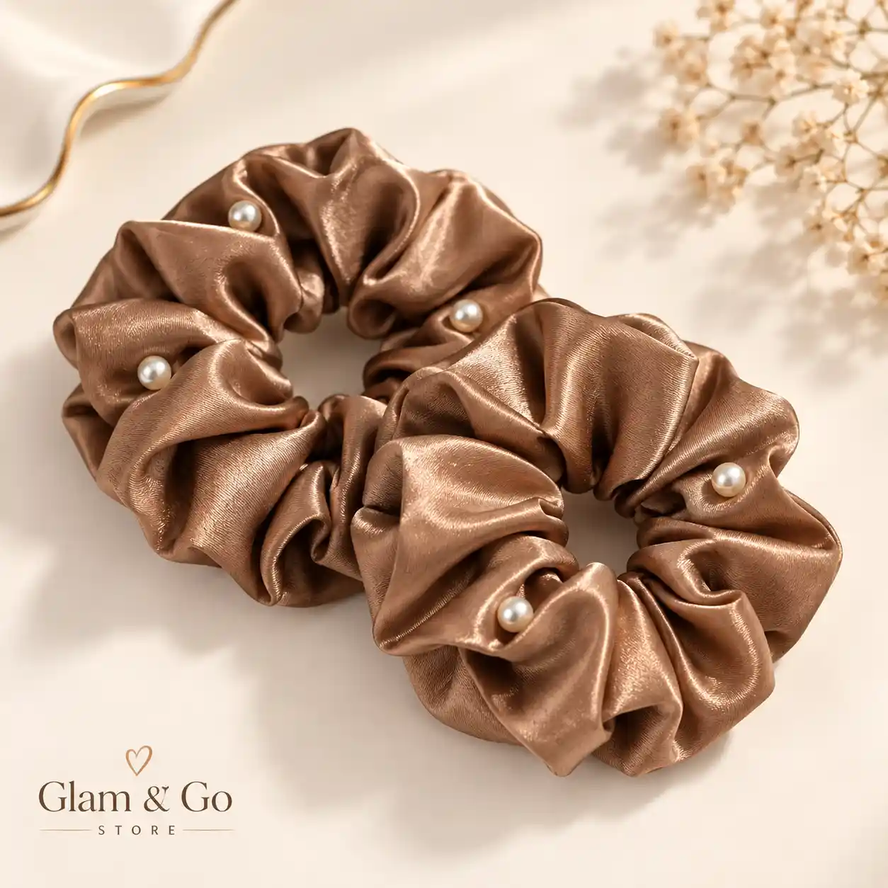 Pearl Embellished Satin Scrunchies – 2 Piece Set, Multi Colours — image 5