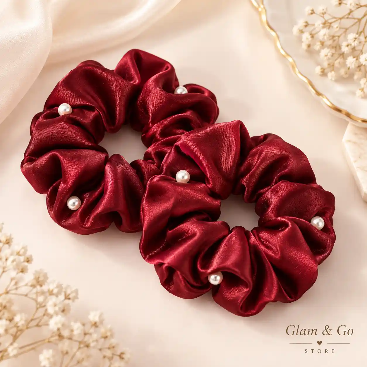Pearl Embellished Satin Scrunchies – 2 Piece Set, Multi Colours — image 7