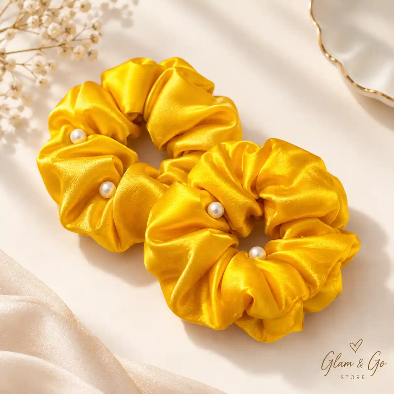 Pearl Embellished Satin Scrunchies – 2 Piece Set, Multi Colours — image 6