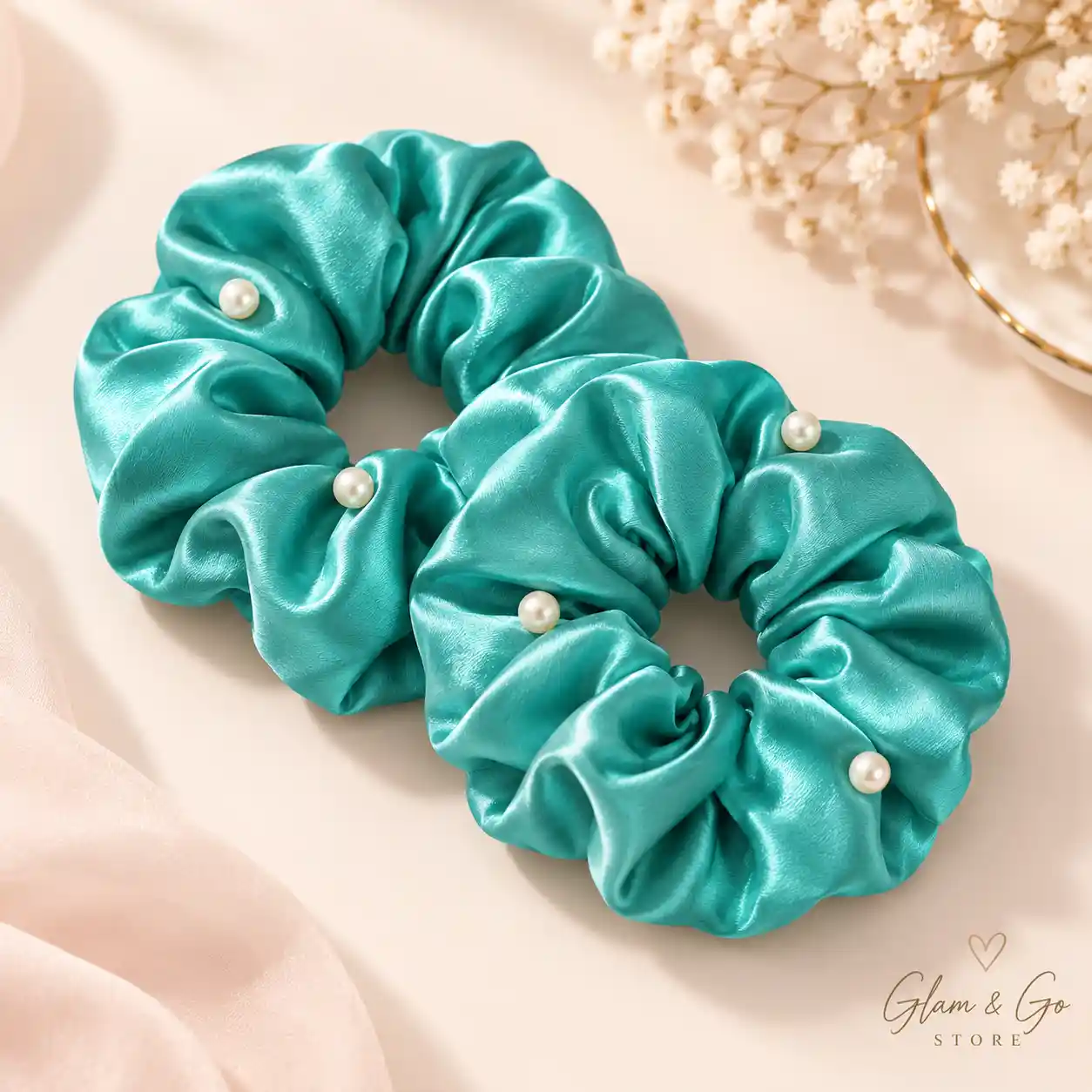 Pearl Embellished Satin Scrunchies – 2 Piece Set, Multi Colours — image 8