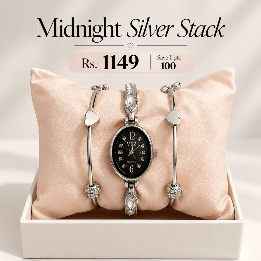 Midnight Silver Stack – 3 Piece Watch & Bracelet Deal Set