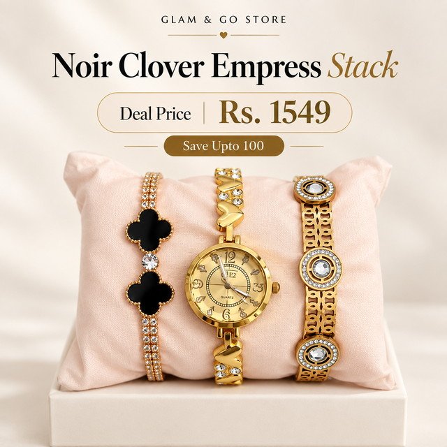 Noir Clover Empress Stack – 3 Piece Watch & Bracelet Deal Set