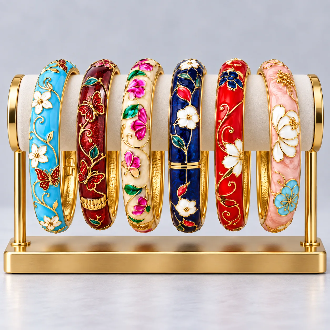 Stainless Steel Floral Enamel Elegance Bangle – Gold-Tone Hinged Bracelet
