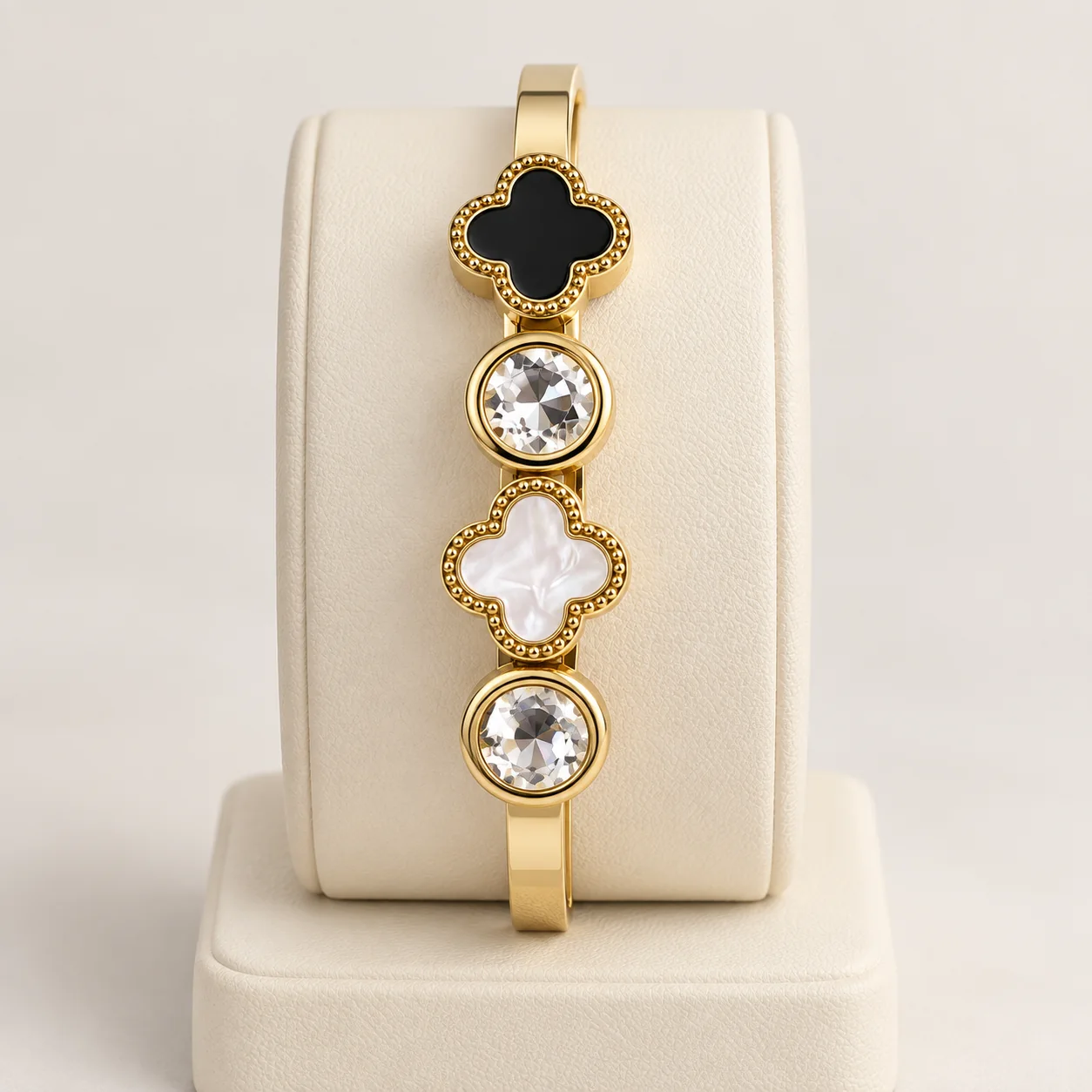 Stainless Steel Noir Pearl Clover Crystal Bangle – Gold Tone