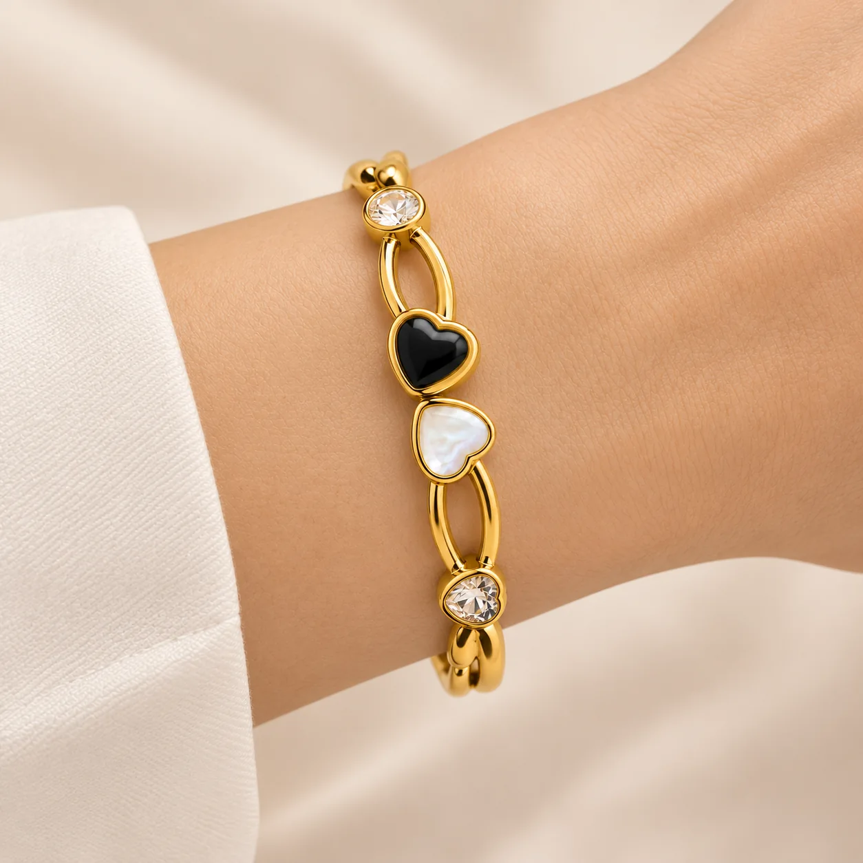 Stainless Steel Duo Heart Crystal Link Bangle – Black & Pearl White — image 2