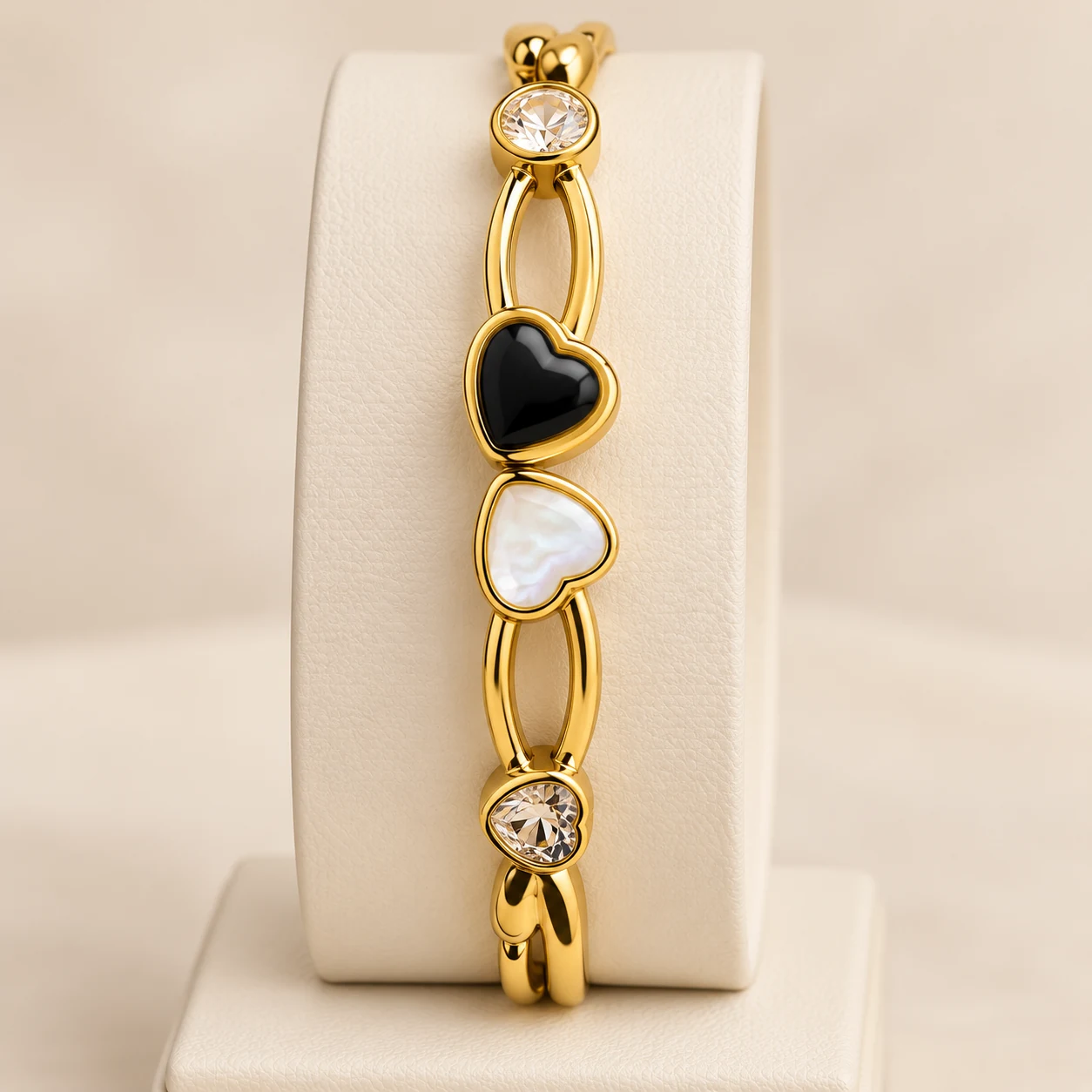 Stainless Steel Duo Heart Crystal Link Bangle – Black & Pearl White