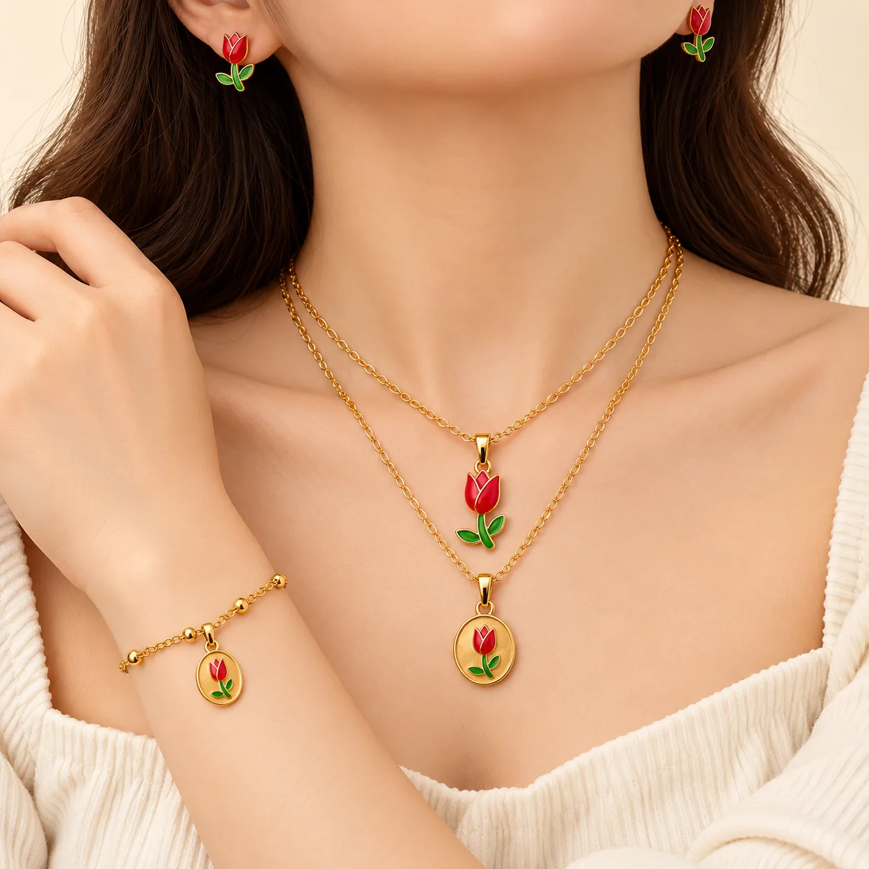 Stainless Steel Red Tulip Enamel Jewellery Set – Gold Tone — image 2