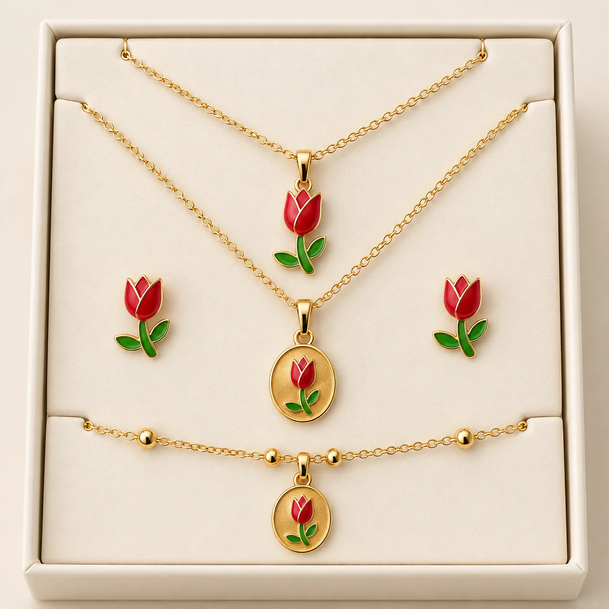 Stainless Steel Red Tulip Enamel Jewellery Set – Gold Tone