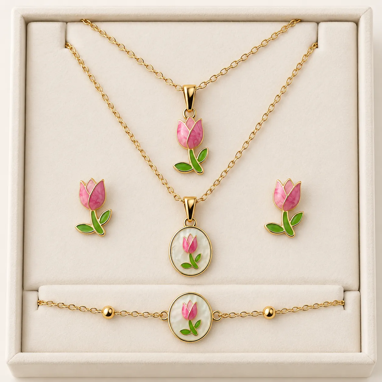 Stainless Steel Pink Tulip Pearl-Effect Jewellery Set – Gold Tone