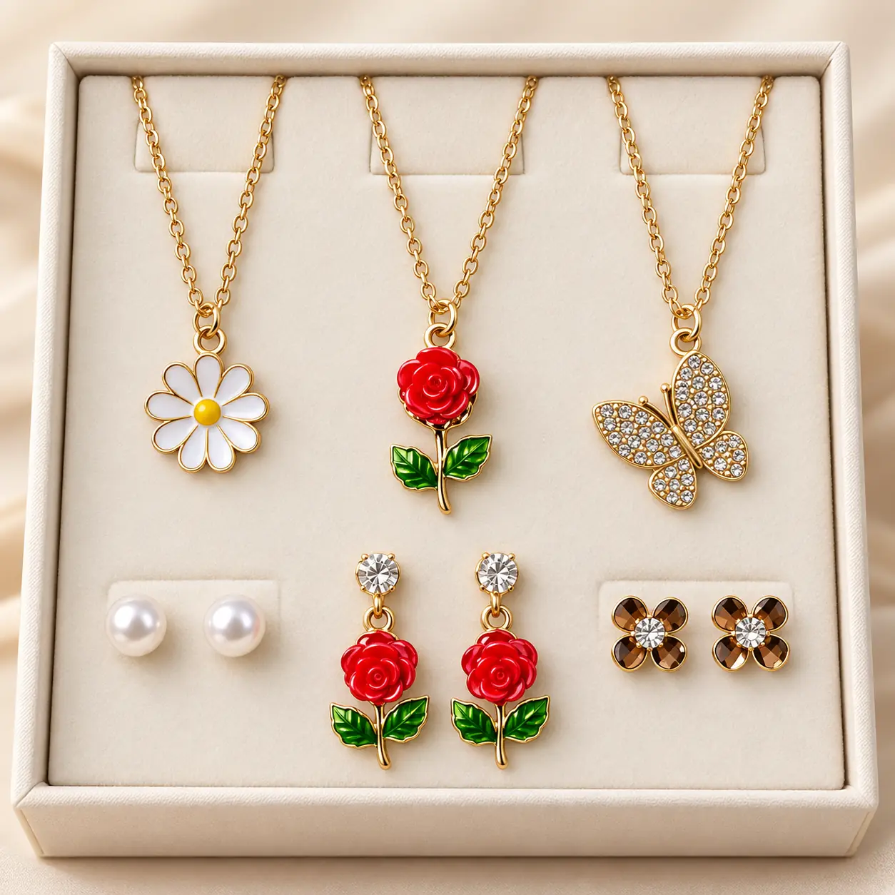 Stainless Steel Rose Daisy Butterfly Charm Jewellery Set – Gold Tone