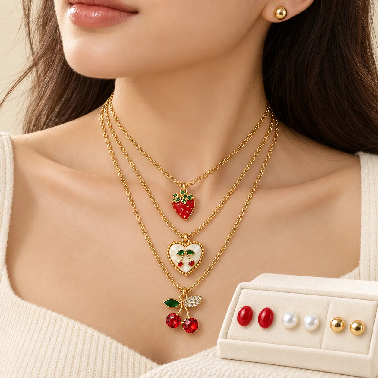 Stainless Steel Strawberry Cherry Heart Charm Jewellery Set – Gold Tone — image 2