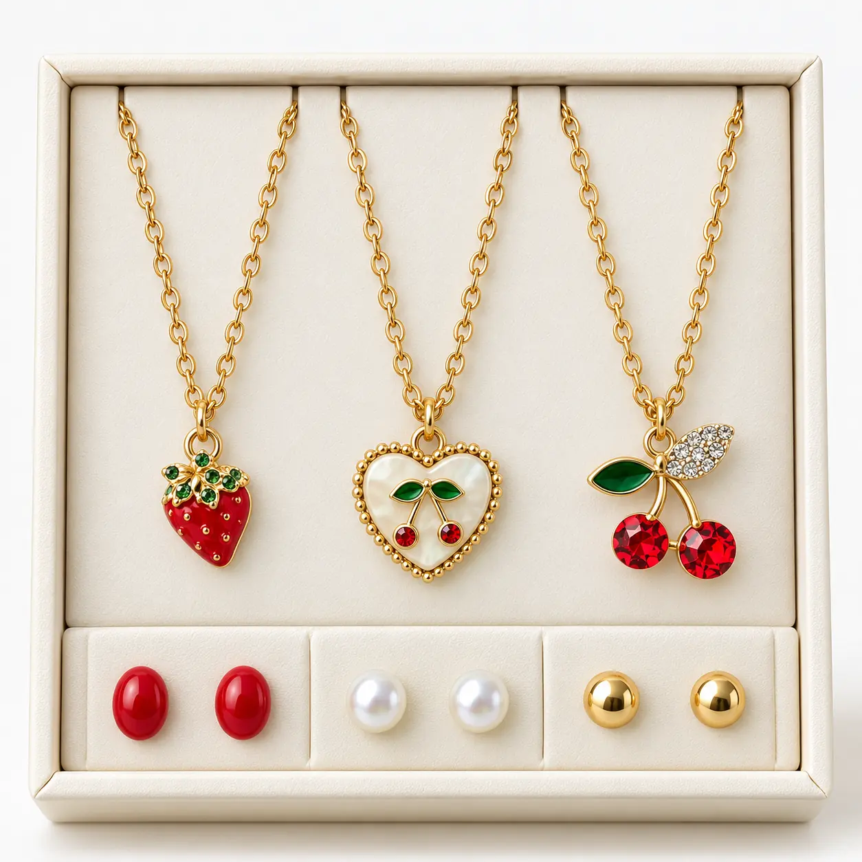 Stainless Steel Strawberry Cherry Heart Charm Jewellery Set – Gold Tone