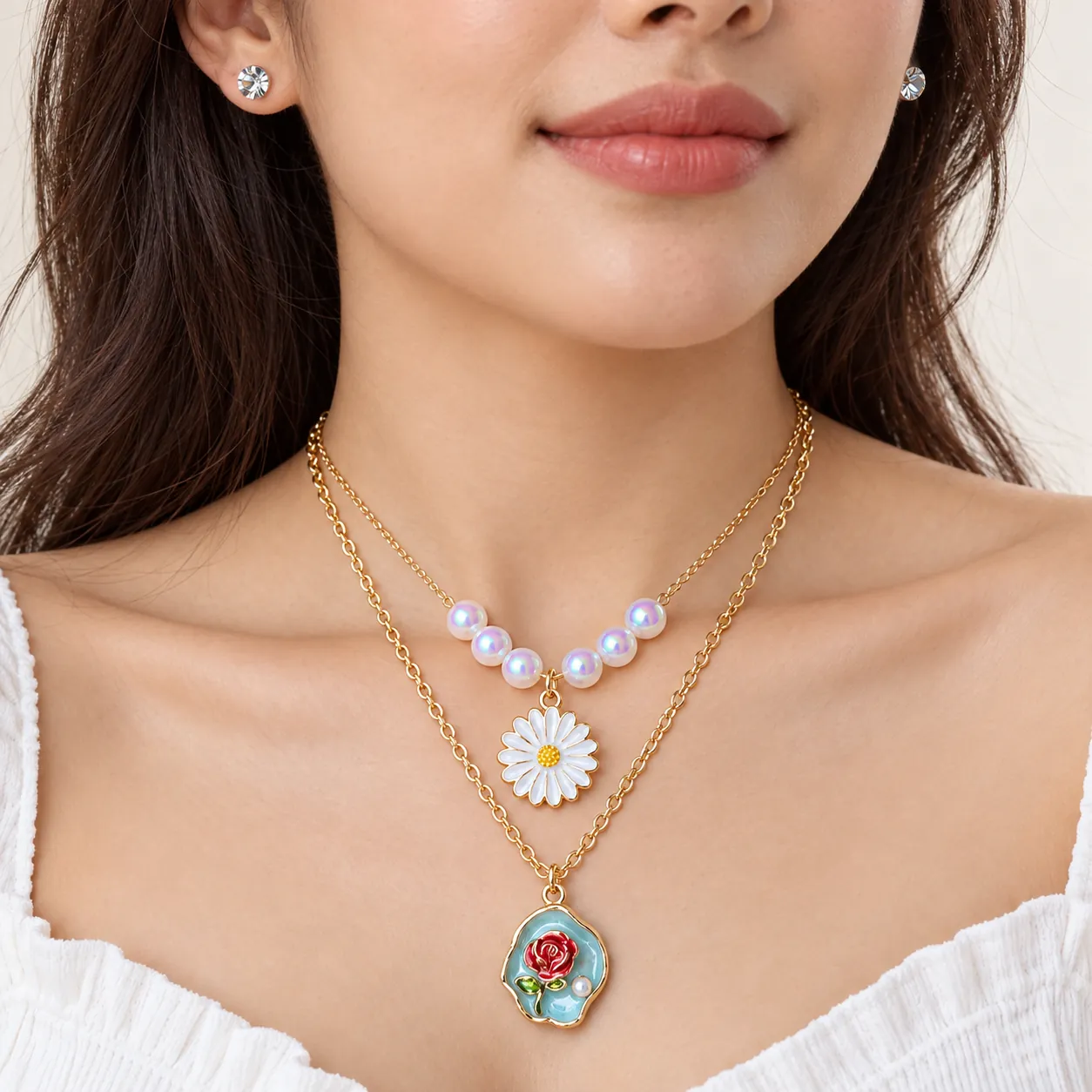 Stainless Steel Daisy & Red Rose Pearl-Effect Layered Jewellery Set – Gold Ton — image 2