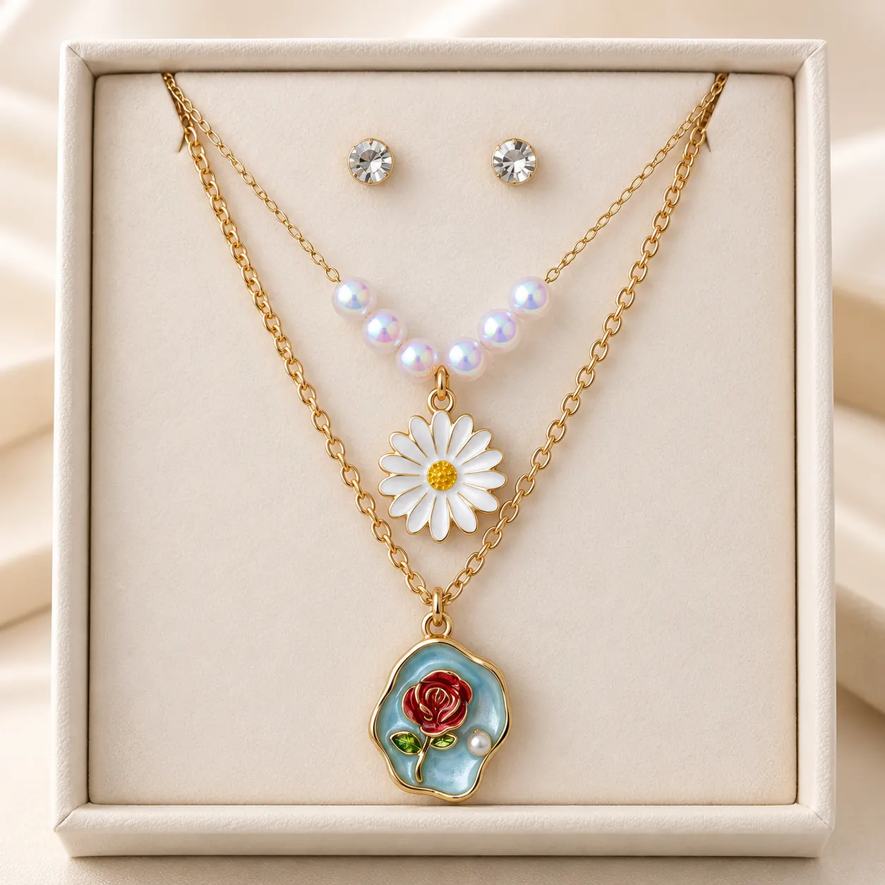Stainless Steel Daisy & Red Rose Pearl-Effect Layered Jewellery Set – Gold Ton