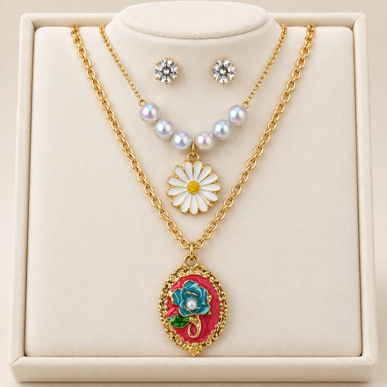 Stainless Steel Daisy & Blue Rose Ornate Medallion Layered Jewellery Set – Gold Tone