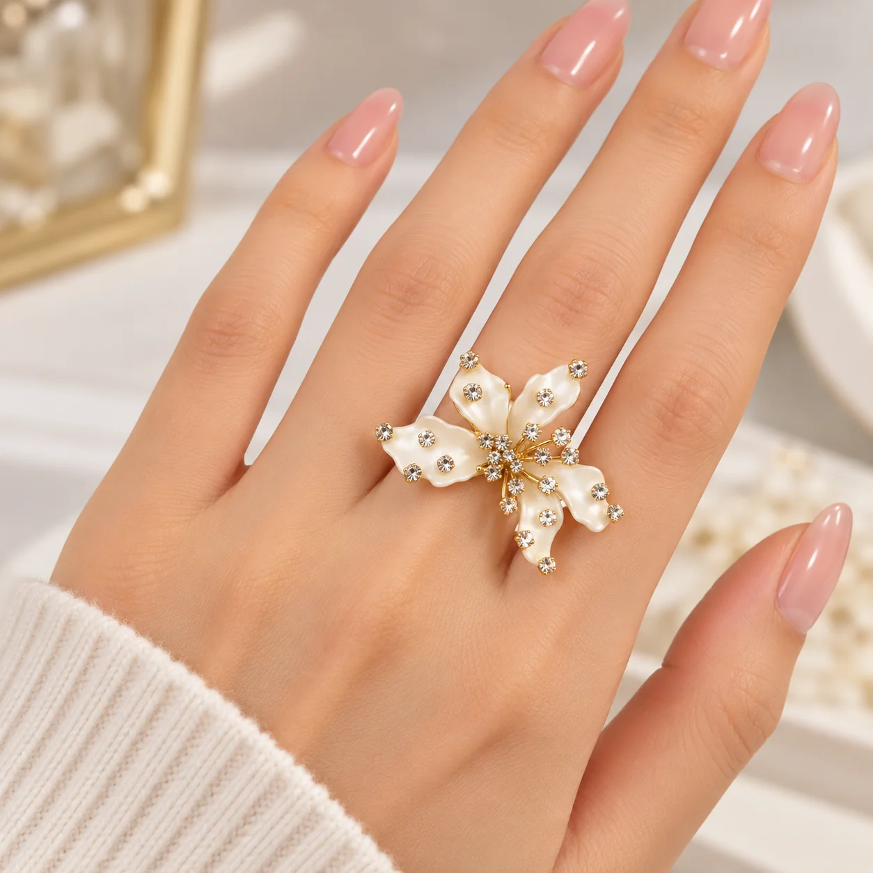 Stainless Steel Pearl Petal Crystal Statement Ring – Gold Tone