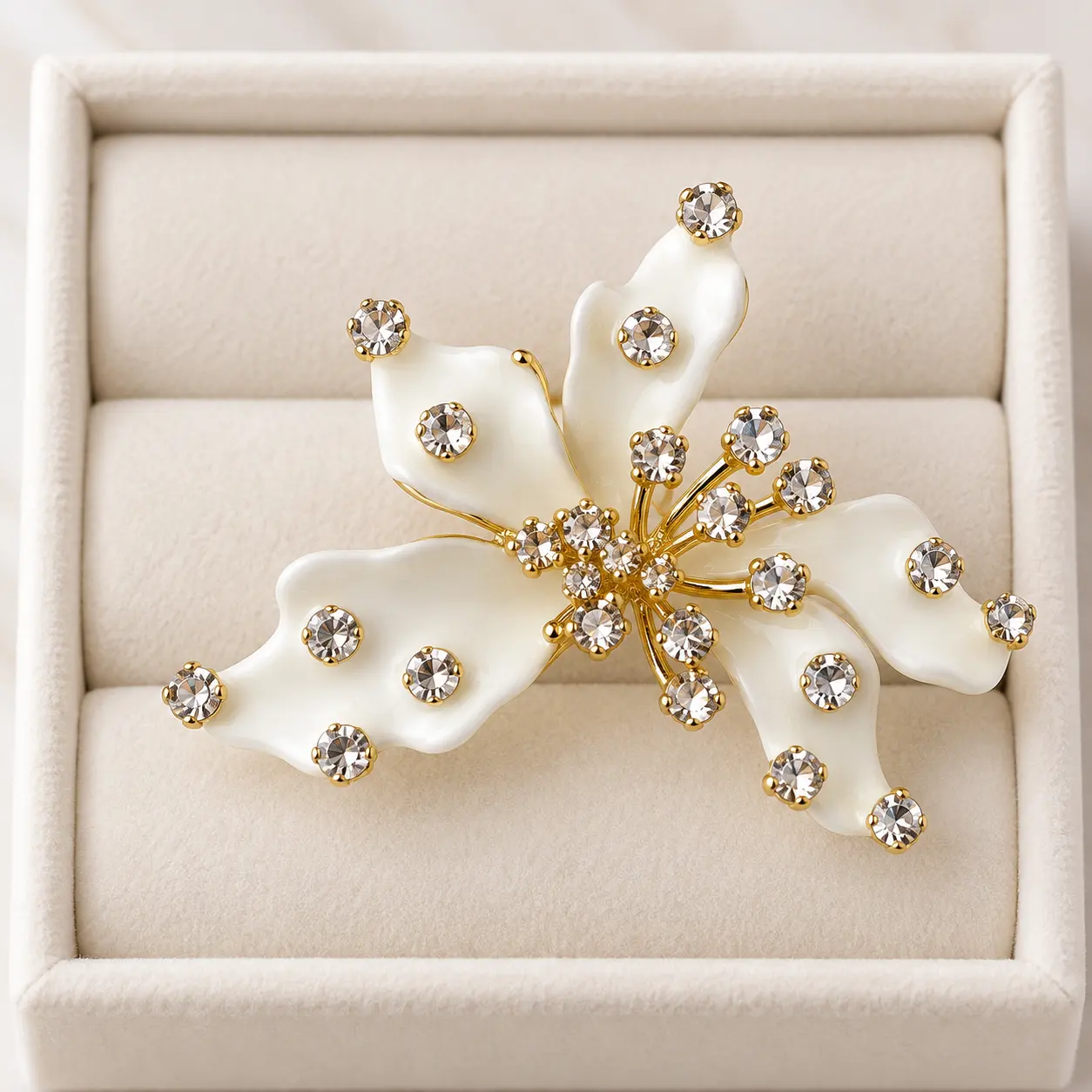 Stainless Steel Pearl Petal Crystal Statement Ring – Gold Tone — image 2
