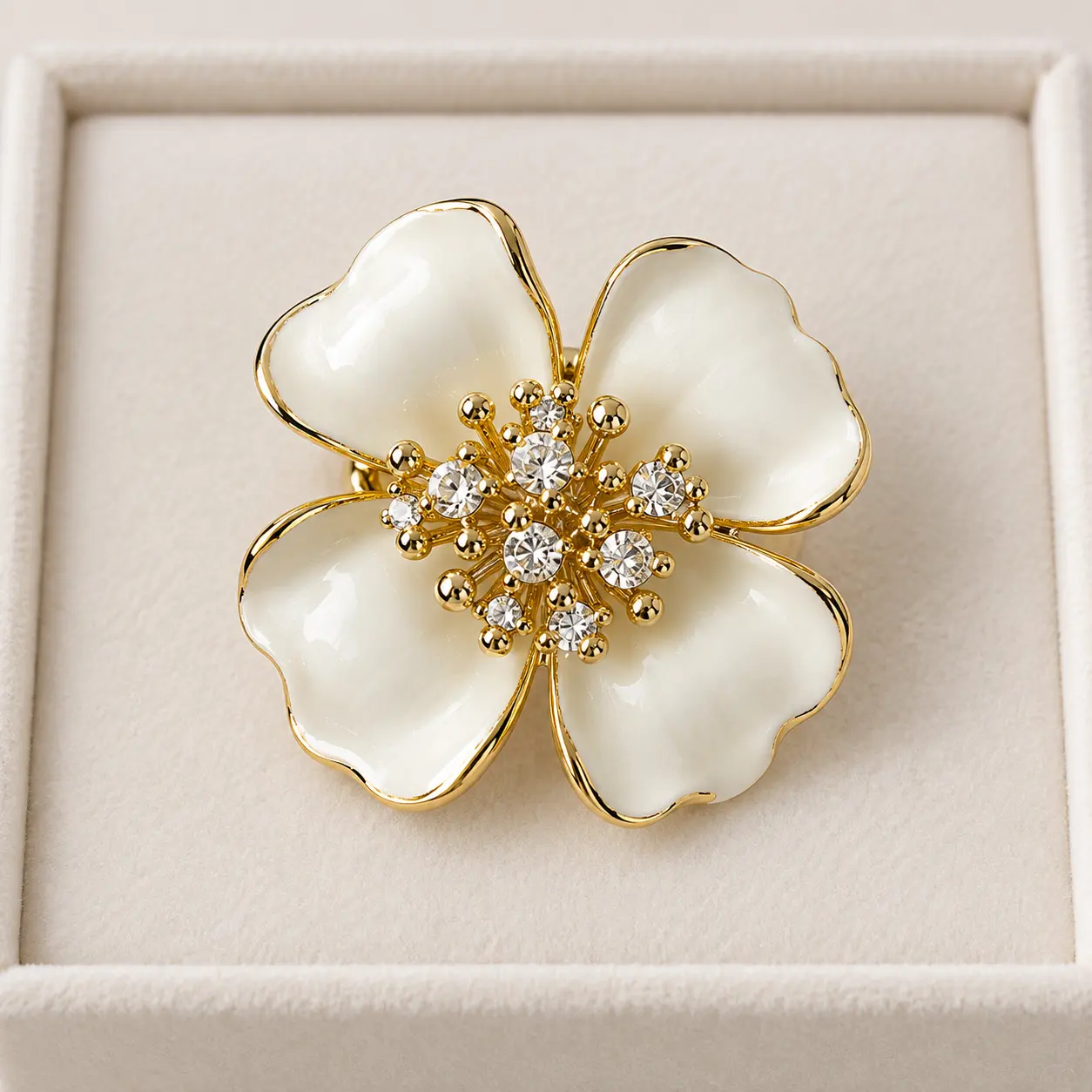 Stainless Steel Pearl Petal Crystal Blossom Statement Ring – Gold Tone