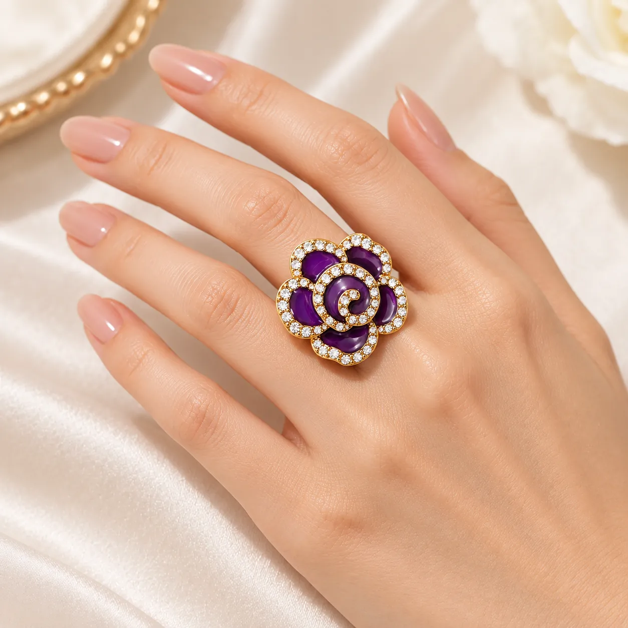 Stainless Steel Purple Rose Crystal Statement Ring – Gold Tone