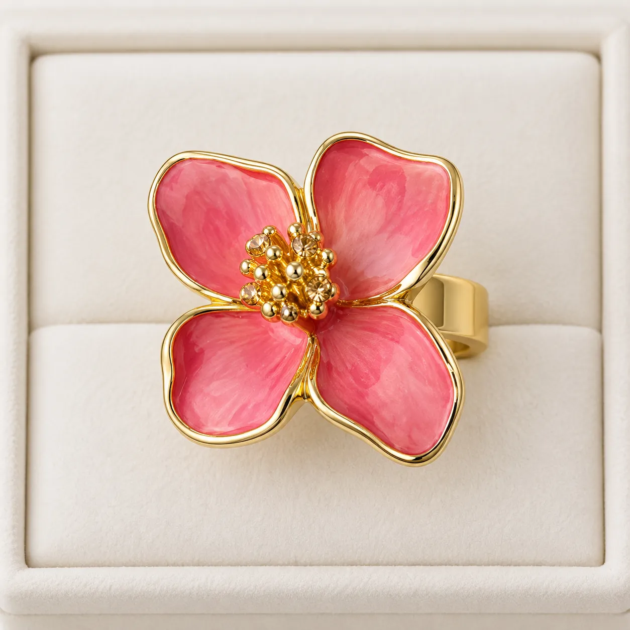Stainless Steel Pink Enamel Four-Petal Floral Statement Ring – Gold Tone — image 2