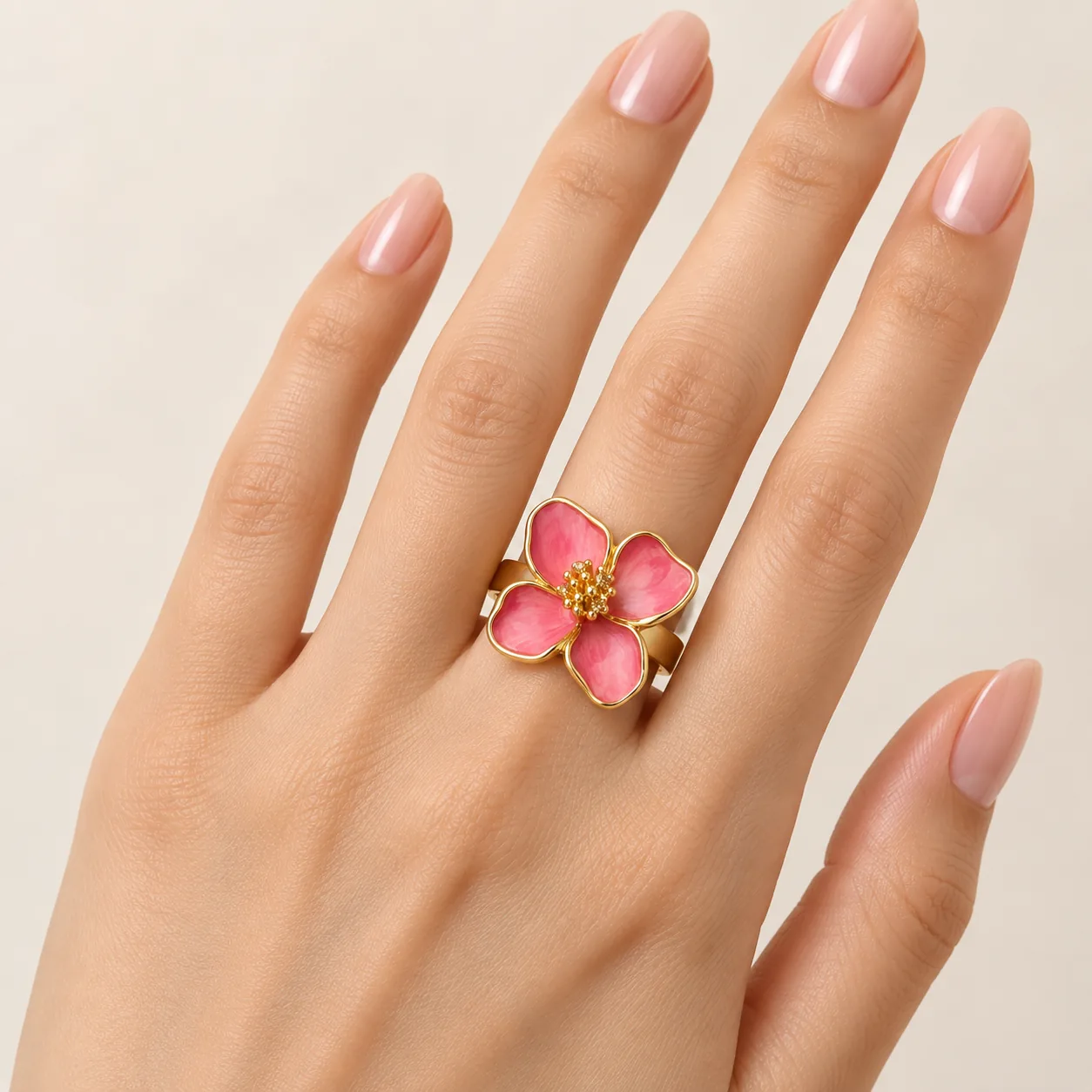 Stainless Steel Pink Enamel Four-Petal Floral Statement Ring – Gold Tone