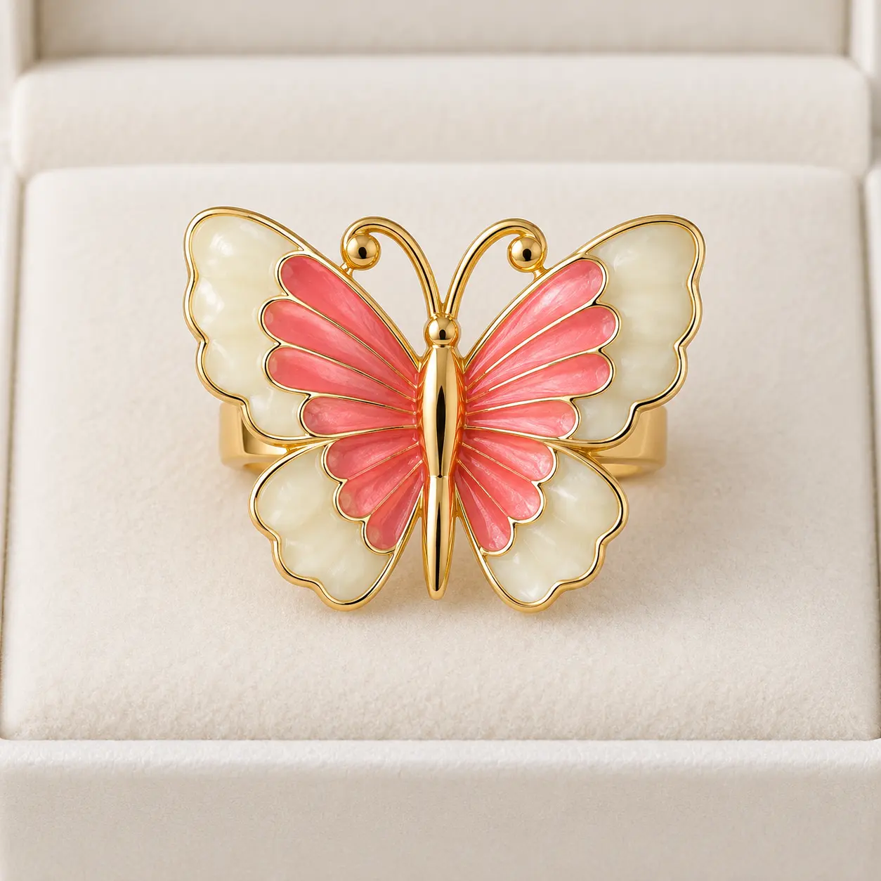 Stainless Steel Pink & Pearl Ivory Butterfly Statement Ring – Gold Tone — image 2