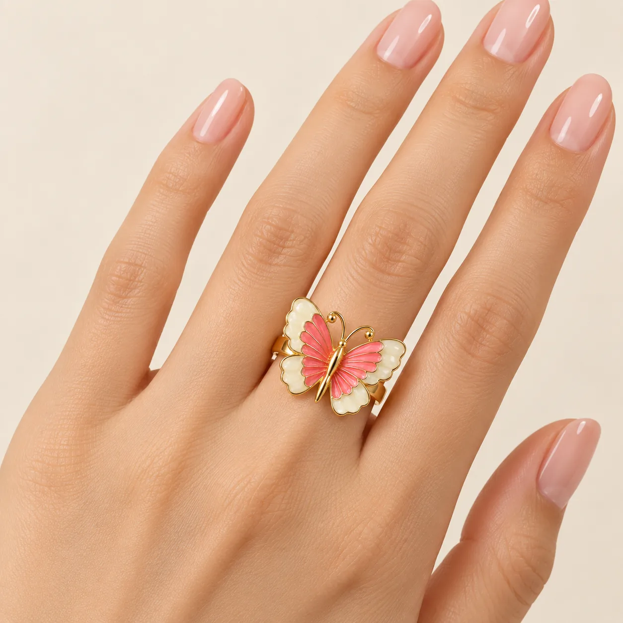 Stainless Steel Pink & Pearl Ivory Butterfly Statement Ring – Gold Tone