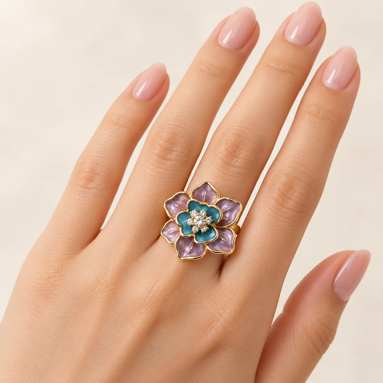 Stainless Steel Lilac & Teal Layered Crystal Flower Statement Ring – Gold Tone