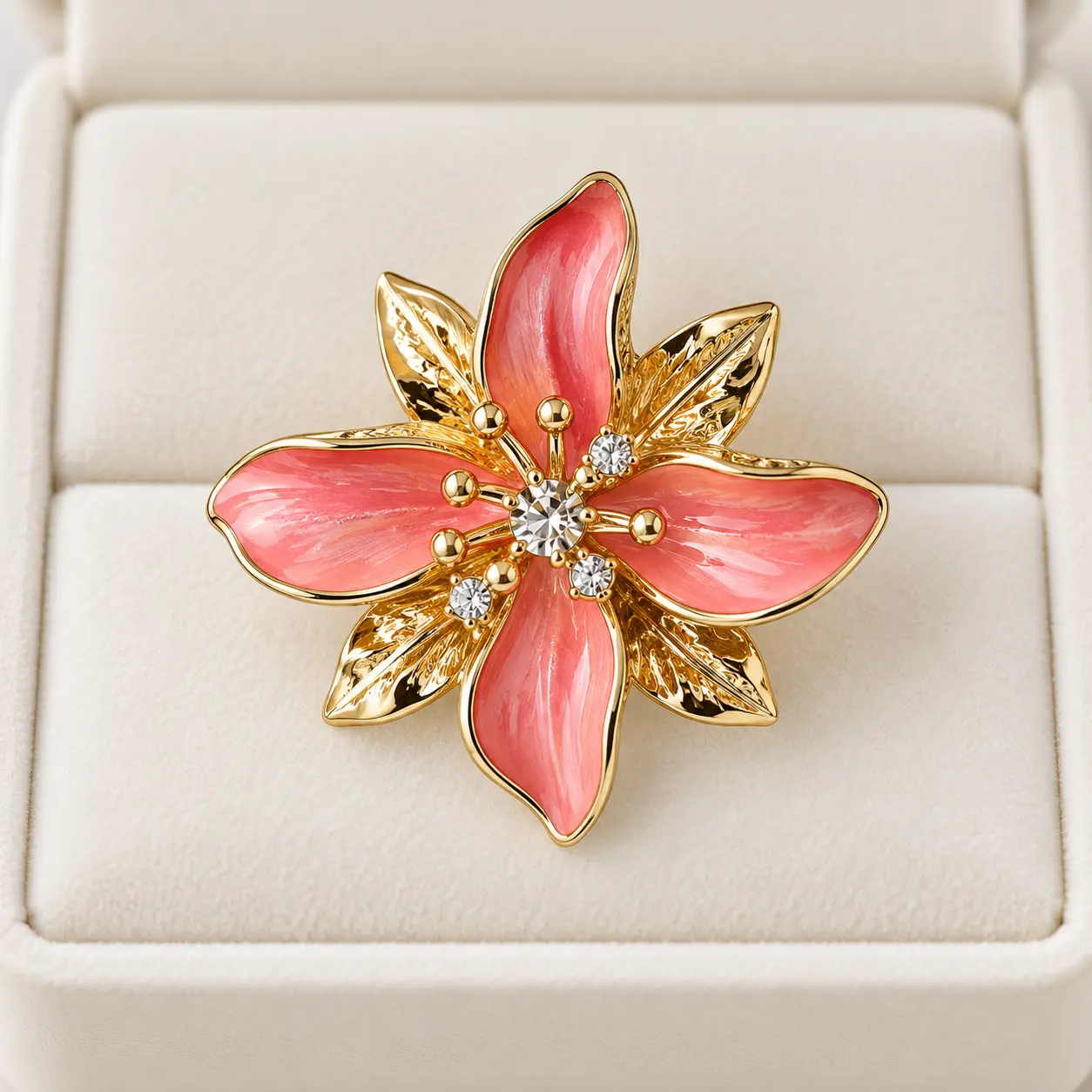 Stainless Steel Coral Pink Lily Crystal Statement Ring – Gold Tone — image 2