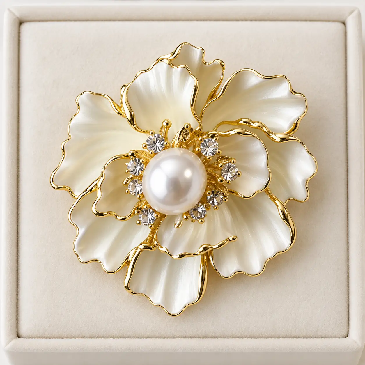 Stainless Steel Pearl Ivory Blossom Crystal Statement Ring – Gold Tone — image 2