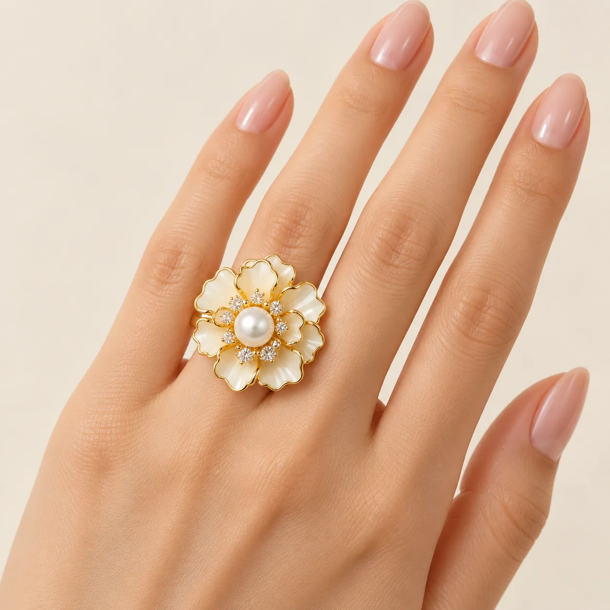 Stainless Steel Pearl Ivory Blossom Crystal Statement Ring – Gold Tone