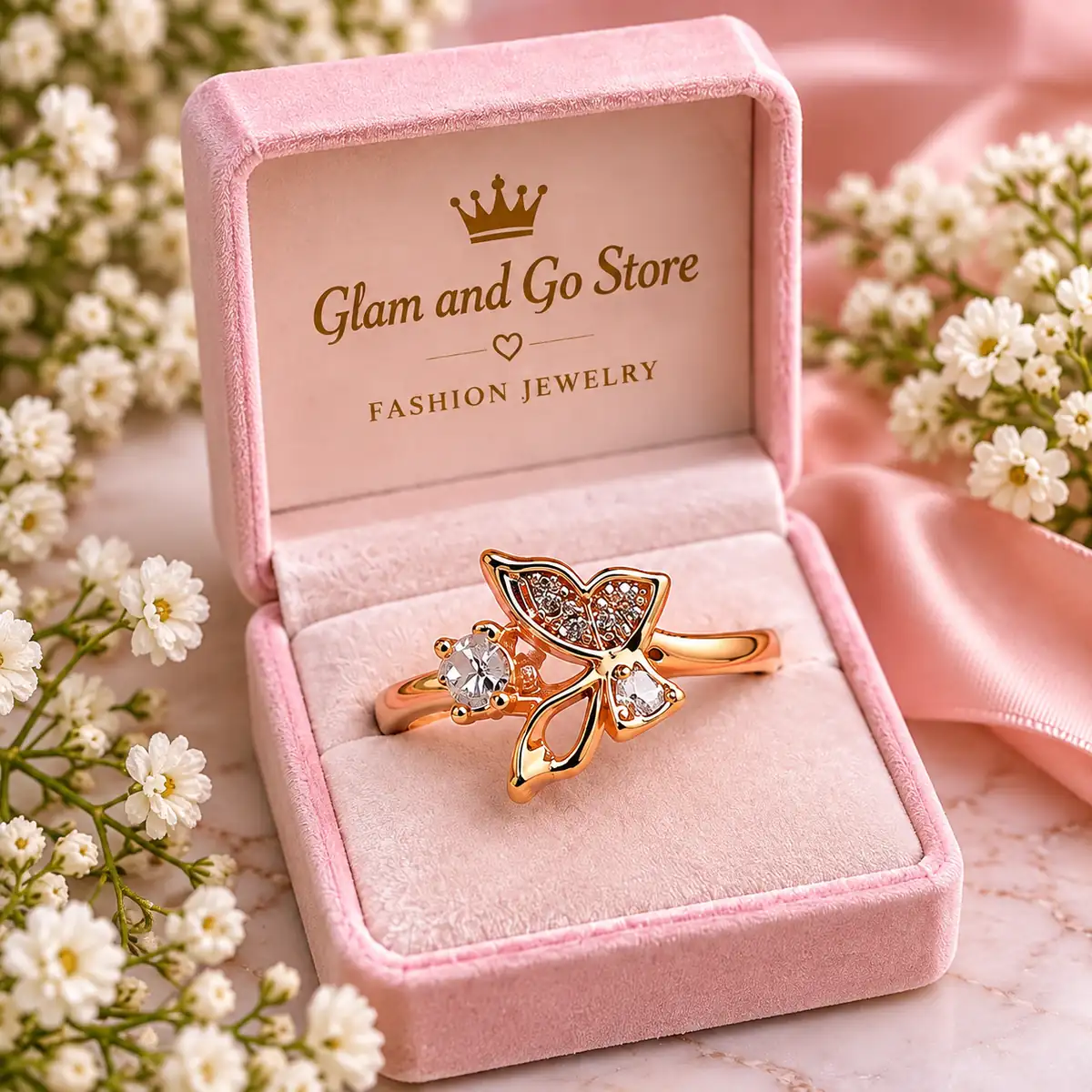 Stainless Steel Gold Butterfly Leaf Crystal Ring for Women