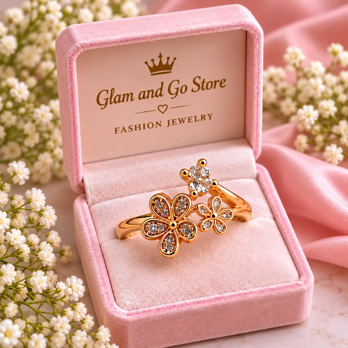 Stainless Steel Gold Double Floral Crystal Ring for Women