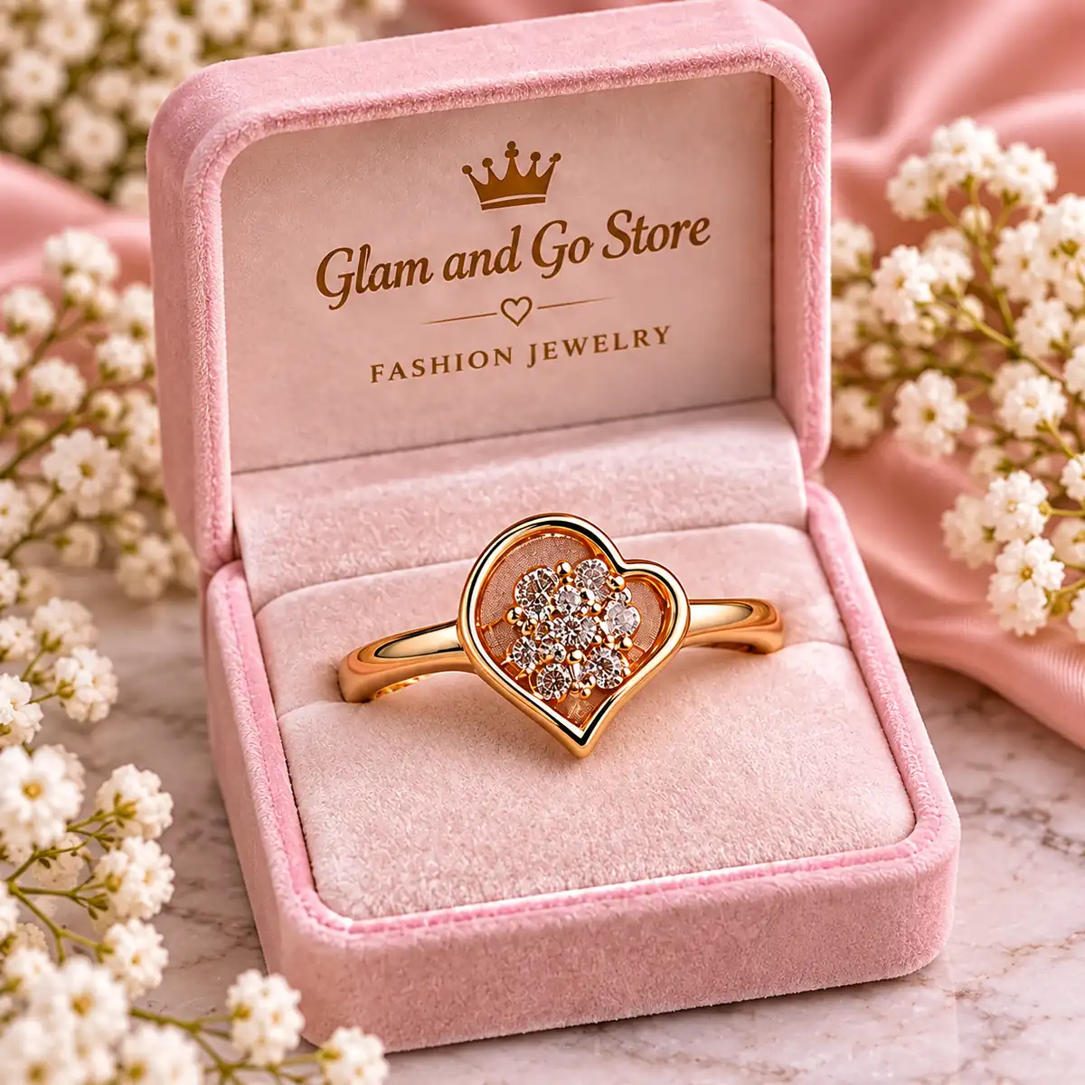 Stainless Steel Gold Heart Crystal Cluster Ring for Women