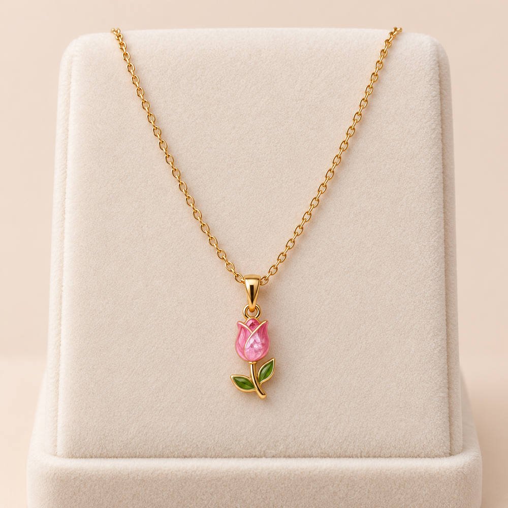 Stainless steel Pink Tulip Gold-Tone Pendant Necklace