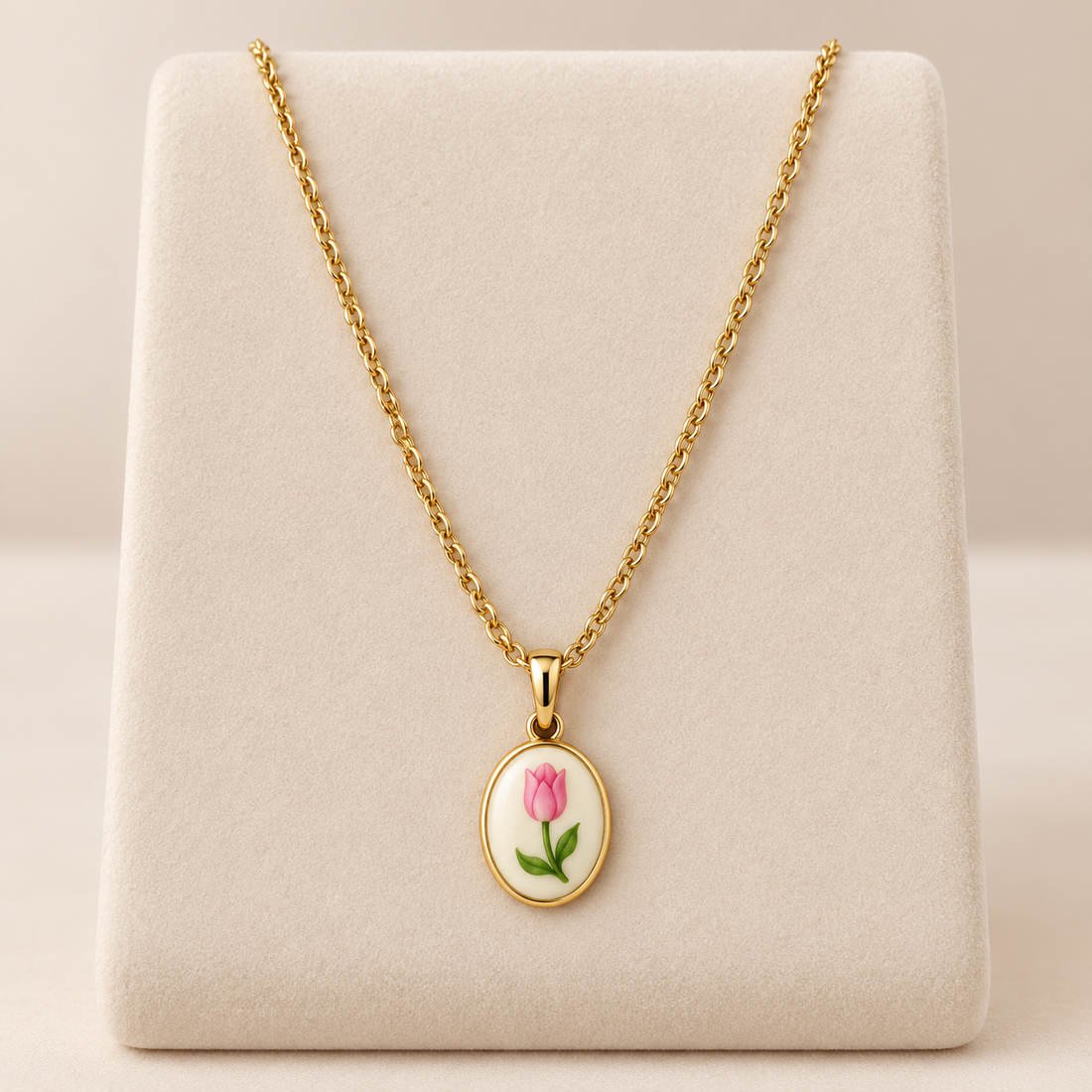 Stainless steel Pink Tulip Oval Gold-Tone Pendant Necklace