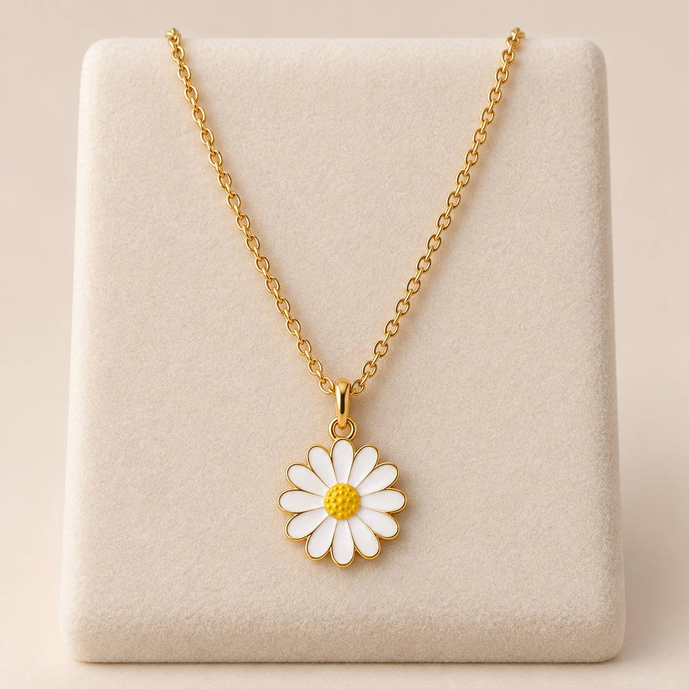 Stainless Steel Mini White Daisy Gold-Tone Pendant Necklace